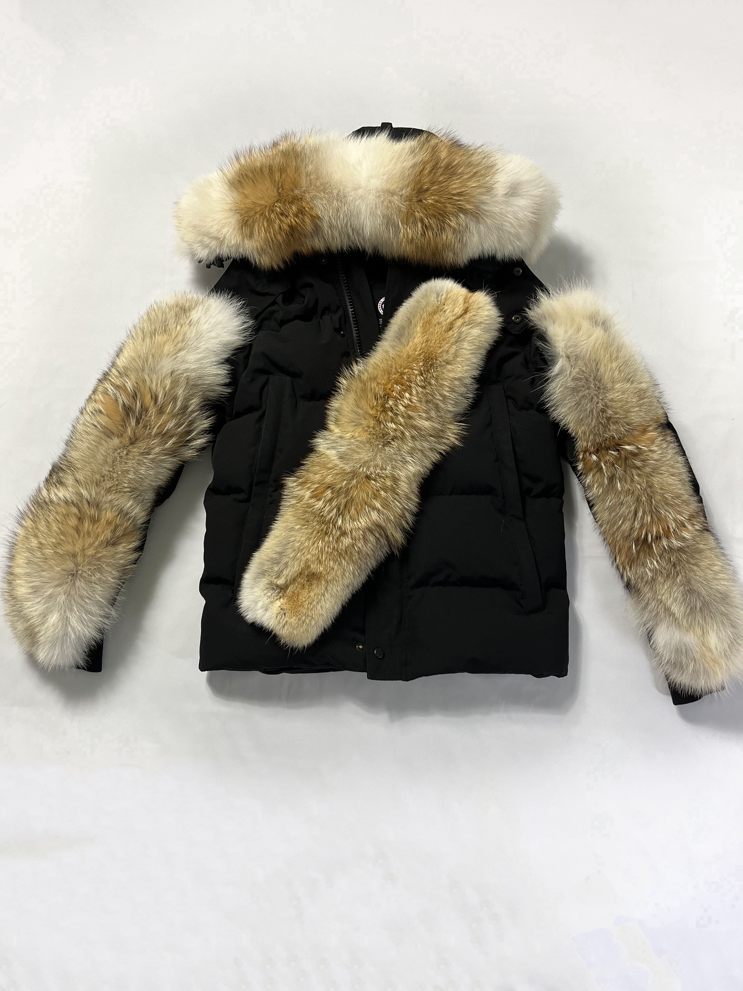 Lineup of Canada Goose fur hood replacements in milk brown, cream light, silver light, and gold brown coyote trims
